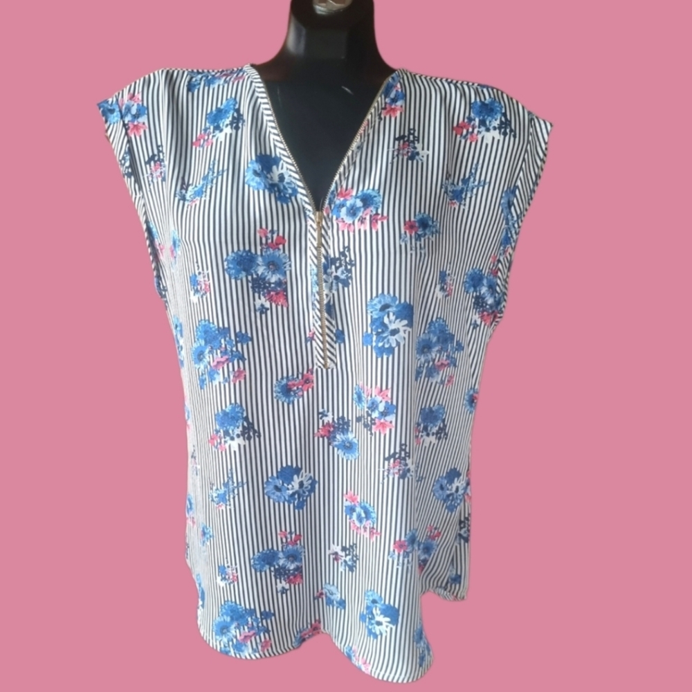 Tamara H. Oversized Floral Striped Women's Lightweight Flowy Blouse